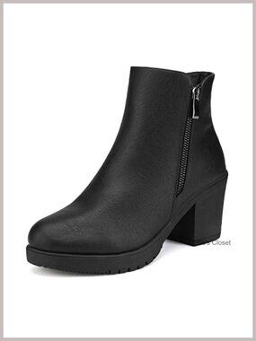 Chunky Heel Platform Ankle Boots Faux Leather Side Zip Women's Booties 3 Inch